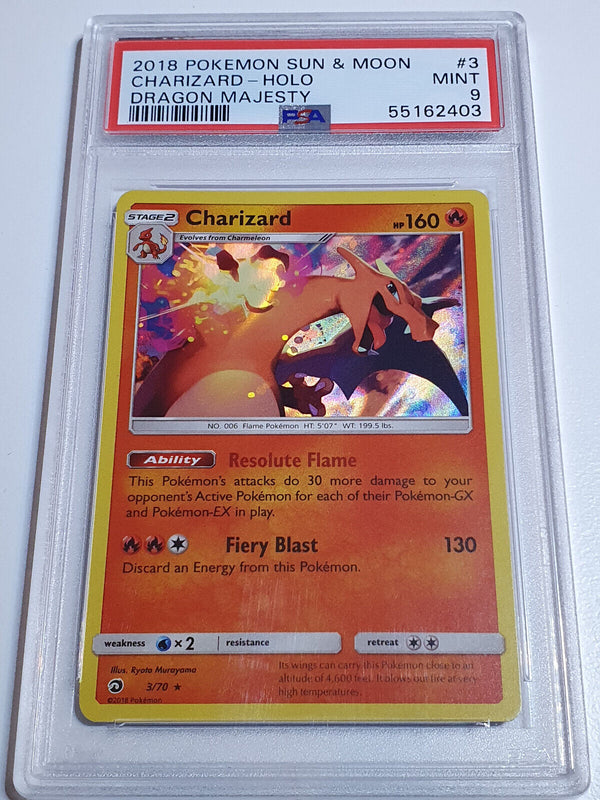 2018 Pokemon Sun & Moon Charizard HOLO 3/70 Dragon Majesty Rare - PSA 9