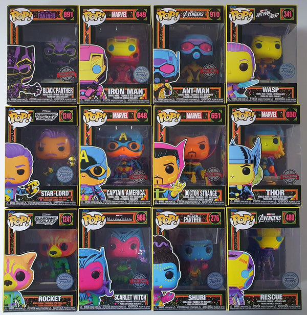 Lot of 12 x Marvel Avengers Funko BLACK LIGHT Special Figures + Protectors