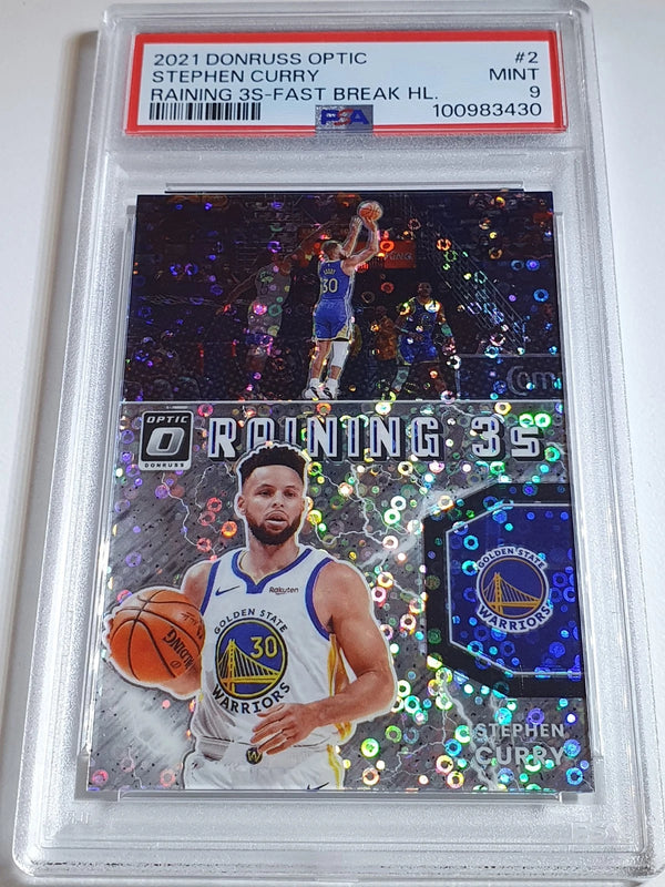 2021 Donruss Optic Stephen Curry #2 FAST BREAK Holo Raining 3S - PSA 9 (POP 4)
