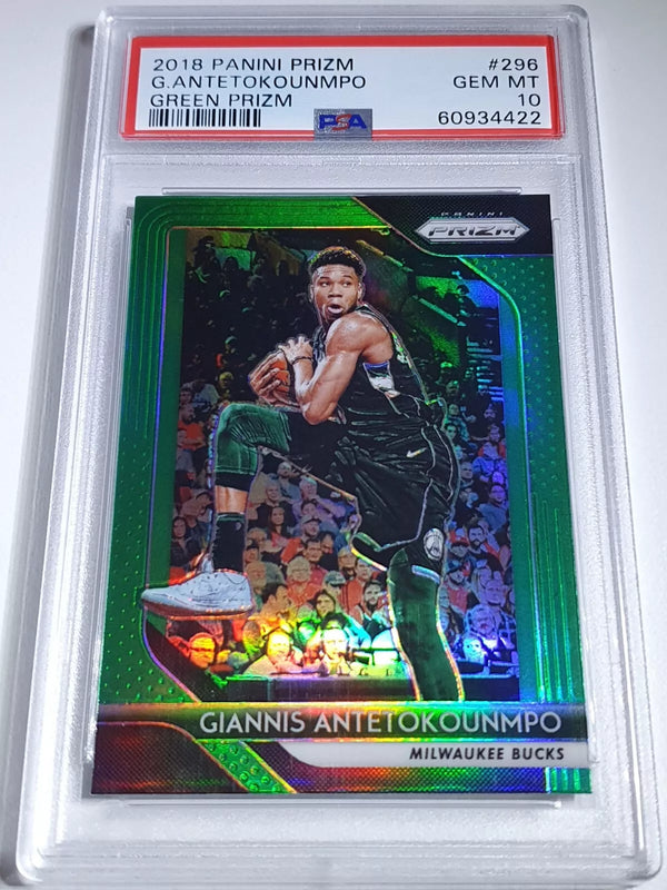 2018 Panini Prizm Giannis Antetokounmpo #296 GREEN Holo - PSA 10 (low POP)