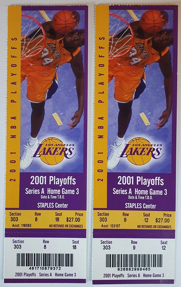 2 x LA Lakers Game Tickets Shaquille O'Neal 2001 NBA Playoffs G3 - Stubs