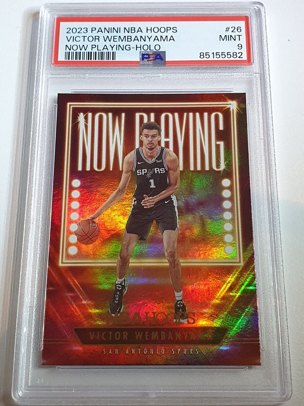 2023 NBA Hoops Victor Wembanyama Rookie #26 HOLO Now Playing RC - PSA 9 (POP 12)