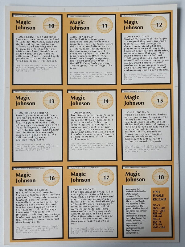 1991 Tuff Stuff Jr. Magic Johnson (9 Card Set) Uncut Sheet - Rare