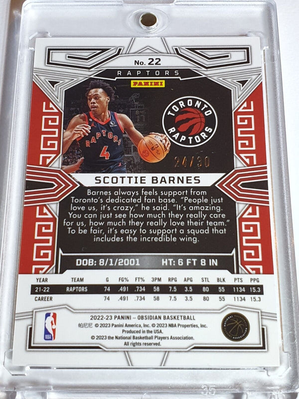 2022 Panini Obsidian Scottie Barnes #22 ELECTRIC ETCH BLUE /30 Holo - Rare