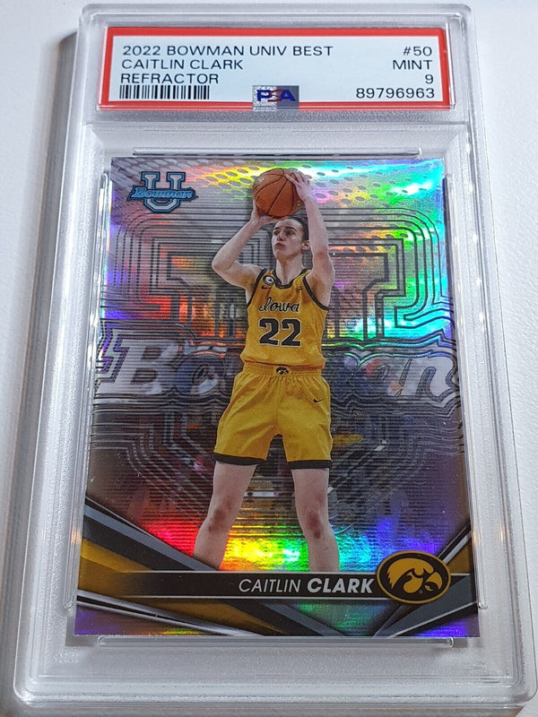 2022 Bowman University Caitlin Clark Rookie #50 REFRACTOR RC - PSA 9 (Low POP)