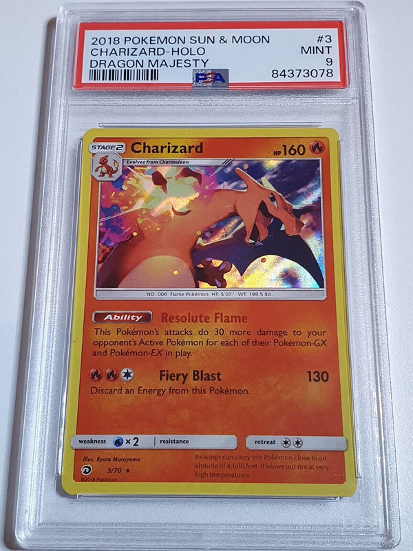 2018 Pokemon Sun & Moon Charizard HOLO 3/70 Dragon Majesty - PSA 9