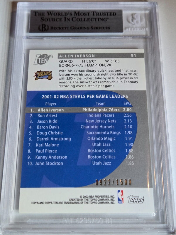 2002 Topps Ten Allen Iverson #PATCH /1500 Game Worn Jersey - BGS 9 (POP 1)