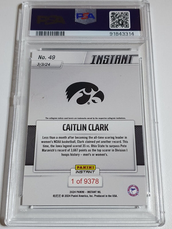 2024 Panini Instant NIL Caitlin Clark Rookie #49 /9378 RC - PSA 9 (LOW POP)