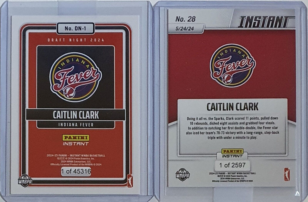 rare caitlin clark card 2024 Panini Instant WNBA Caitlin Clark Lot of 2 Rookie Cards #DN-1 #28 –  Perfect Edges Cards