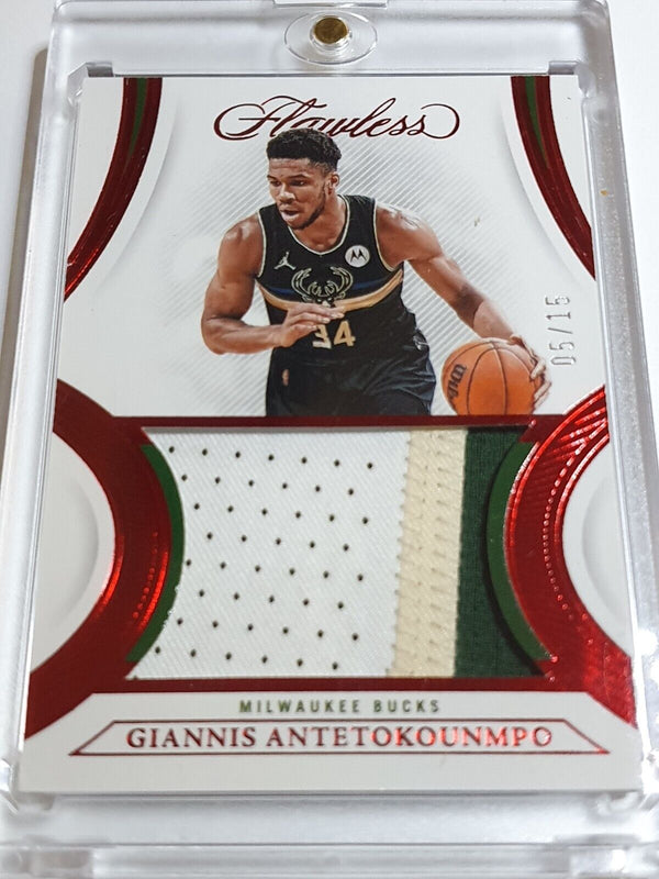 2021 Flawless Giannis Antetokounmpo #PATCH RUBY /15 Game Worn 3 Color Jersey