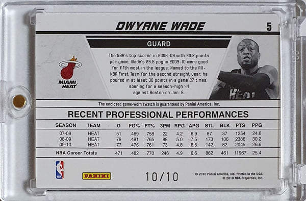 2010 Panini Donruss Dwyane Wade #PATCH PRIME 10/10 Game Worn Jersey - Rare