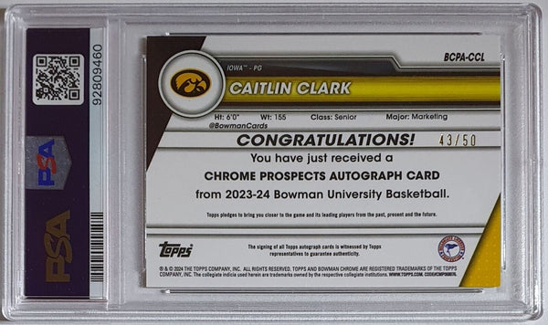 2023 Bowman Chrome Caitlin Clark Rookie AUTO GOLD /50 REFRACTOR - PSA 9 (POP 8)