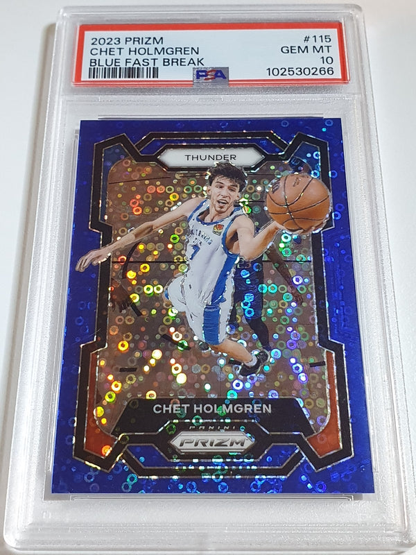 2023 Panini Prizm Chet Holmgren #115 BLUE FAST BREAK /150 Holo - PSA 10 (POP 17)