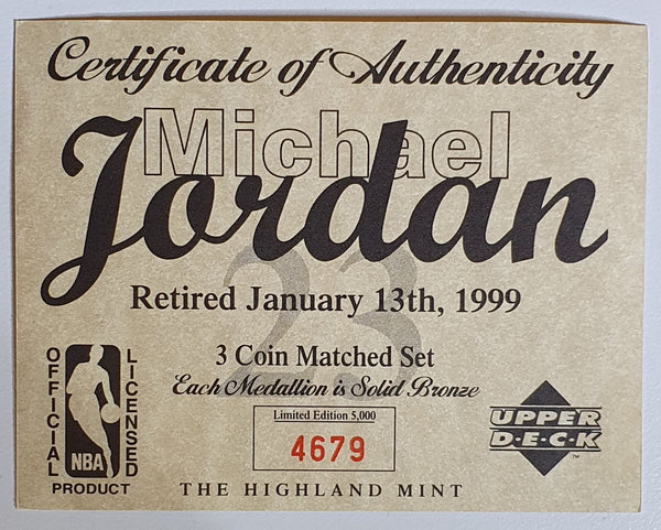 1996 Highland Mint Michael Jordan BRONZE /5000 Upper Deck 3 Coins Set - With COA
