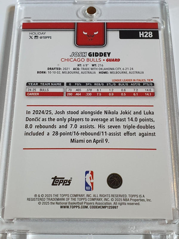 2025 Topps Holiday Josh Giddey #H28 ORANGE METALLIC GLITTER /25 Holo (Bulls)