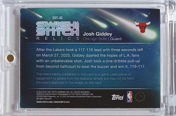 2025 Topps Josh Giddey PRIME #PATCH ORANGE /25 Game Worn Jersey (Bulls)