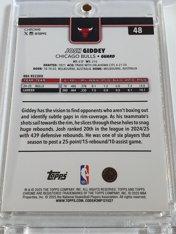 2025 Topps Chrome Josh Giddey #48 PULSAR GOLD /50 Holo (Bulls) - Ready to Grade