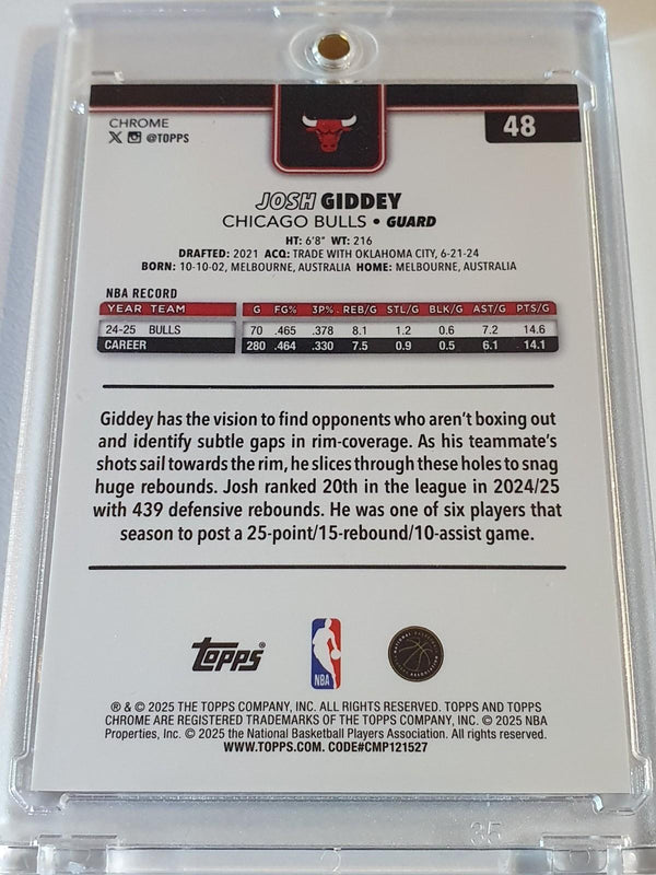 2025 Topps Chrome Josh Giddey #48 ORANGE BASKETBALL /25 Holo (Bulls) - Rare