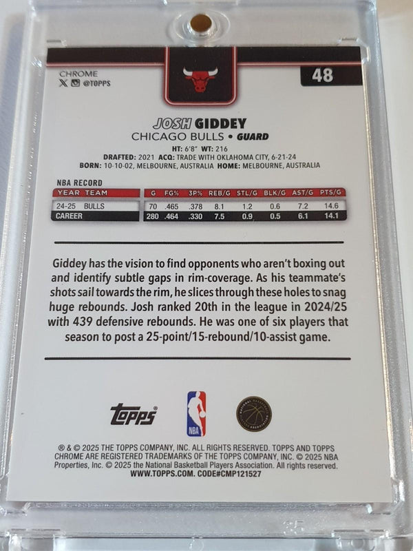 2025 Topps Chrome Josh Giddey #48 PULSAR ORANGE /25 Holo (Bulls) - Rare