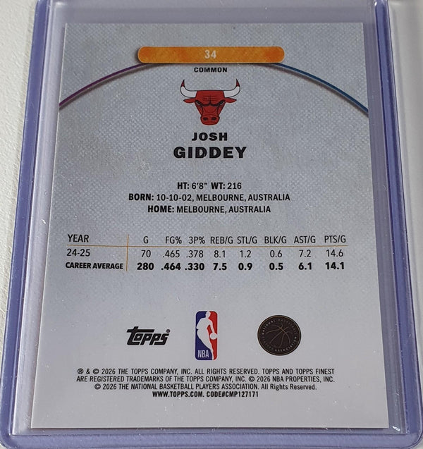 2025 Topps Finest Josh Giddey #34 PURPLE /250 Refractor (Bulls) - Rare