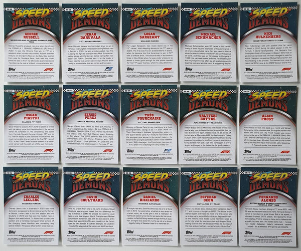2023 Topps Chrome Formula 1 Speed Demons (Complete Set 15 Cards) Ready to Grade