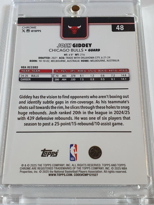 2025 Topps Chrome Josh Giddey #48 ORANGE BASKETBALL 01/25 Holo (Bulls) - Rare