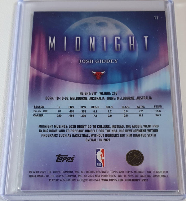 2025 Topps Midnight Josh Giddey #11 TWILIGHT /99 Holo (Bulls) - Ready to Grade