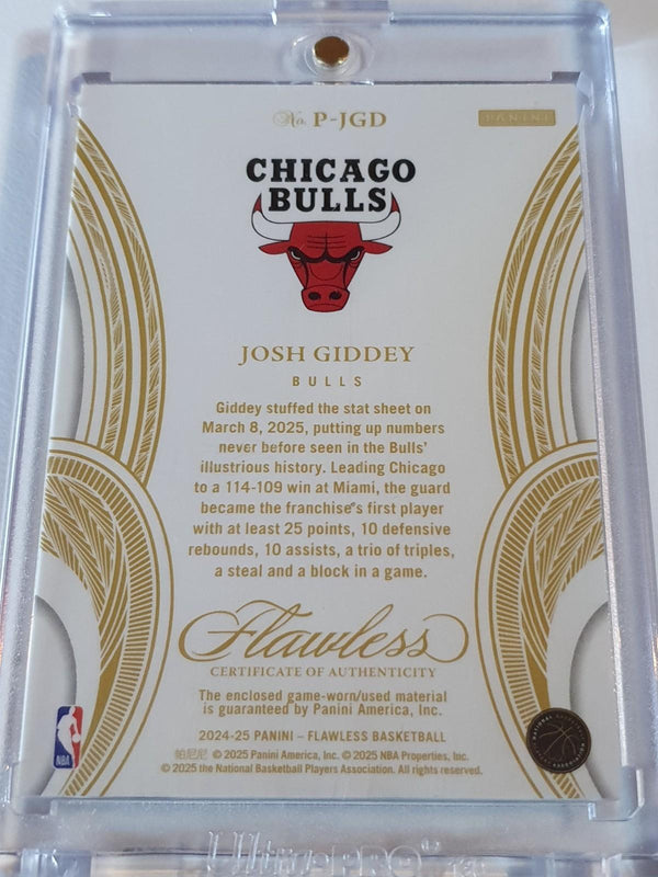 2024 Panini Flawless Josh Giddey #PATCH GOLD /10 Game Worn 3 Color Bulls Jersey