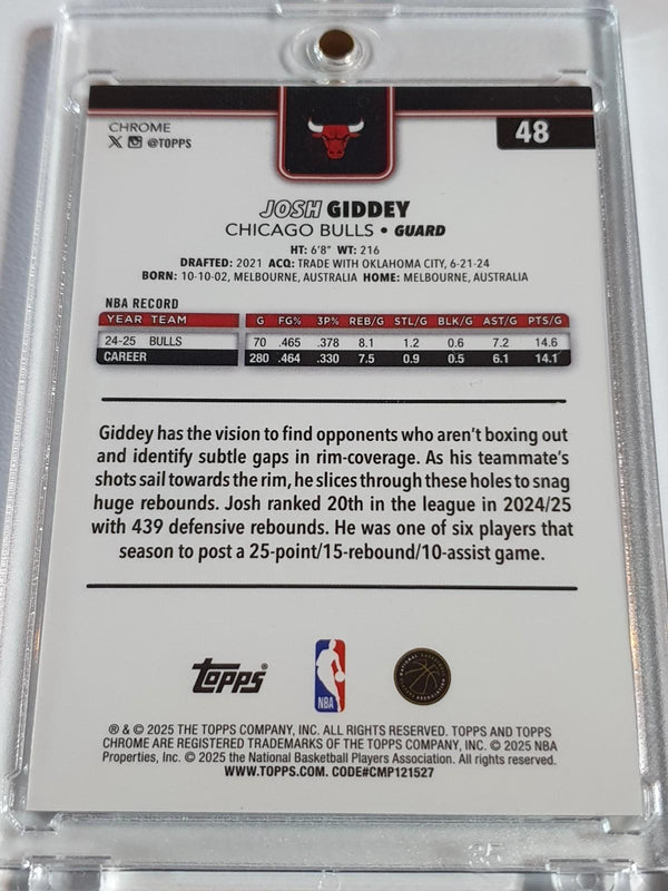 2025 Topps Chrome Josh Giddey #48 GOLD BASKETBALL 01/50 Refractor (Bulls) - Rare