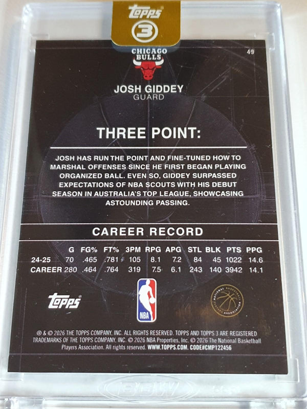 2025 Topps Three Josh Giddey #49 SILVER /49 Refractor (Bulls) - Factory Sealed