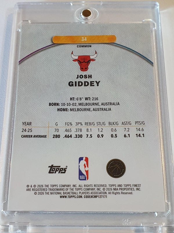 2025 Topps Finest Josh Giddey #34 GOLD GEOMETRIC /50 Refractor (Bulls) - Rare
