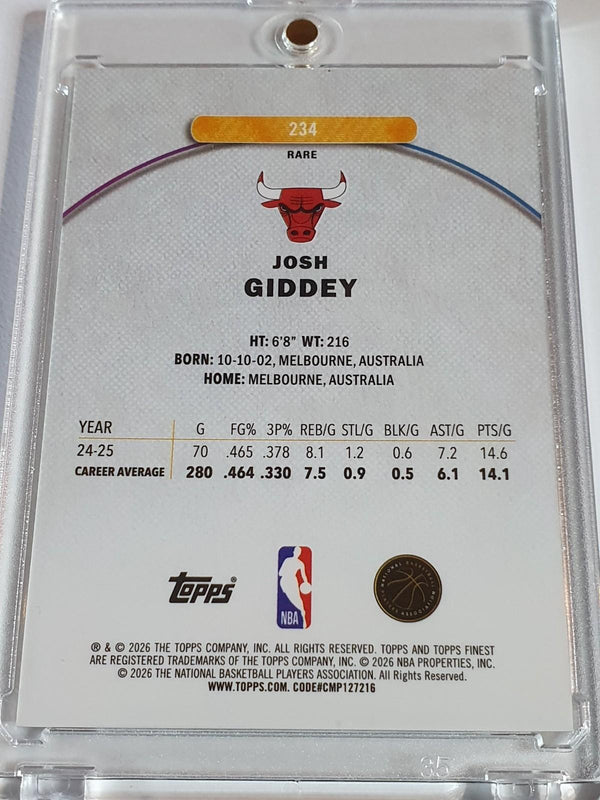 2025 Topps Finest Josh Giddey #234 RARE GOLD /20 Refractor (Bulls) - Rare