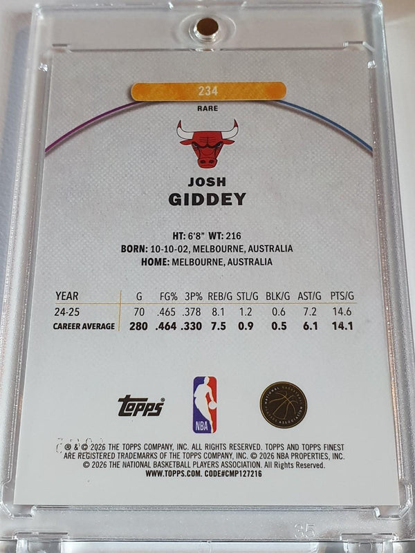 2025 Topps Finest Josh Giddey #234 RARE ORANGE /15 Refractor (Bulls) - Rare