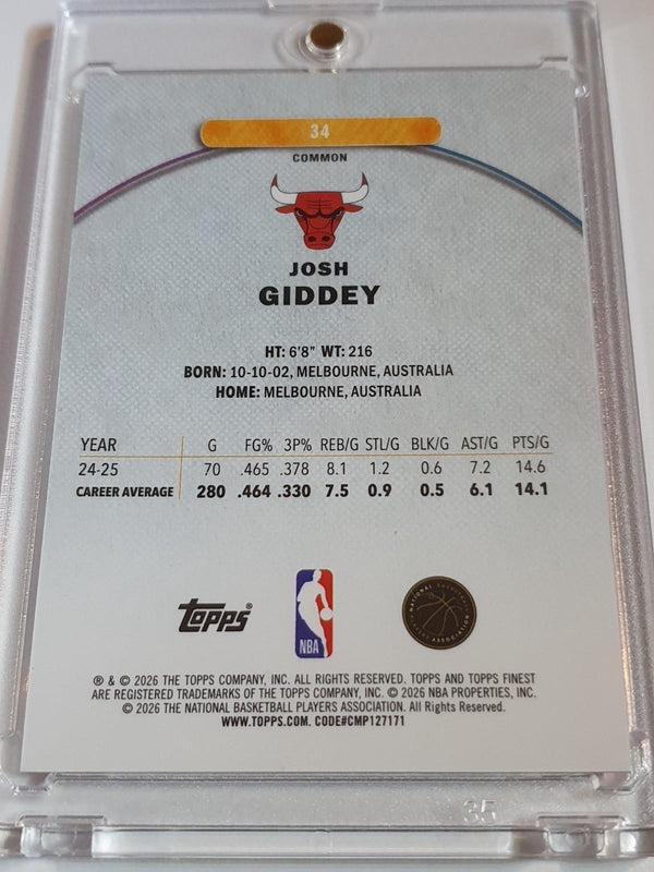 2025 Topps Finest Josh Giddey #34 RED GEOMETRIC 10/10 Refractor (Bulls) - Rare