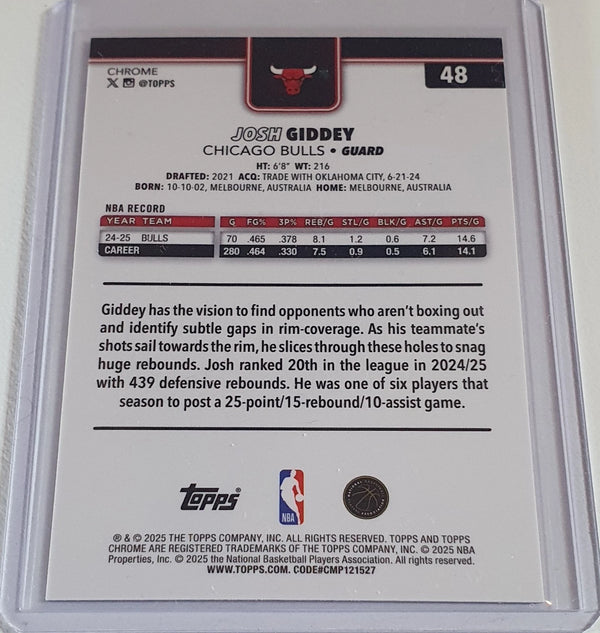 2025 Topps Chrome Josh Giddey #48 RED WHITE BLUE Refractors (Bulls) - Rare