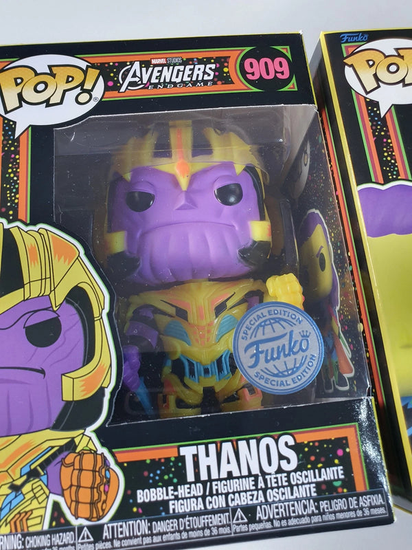 Lot of 2 x Marvel Thanos + Loki Funko BLACK LIGHT Special Figures + Protectors