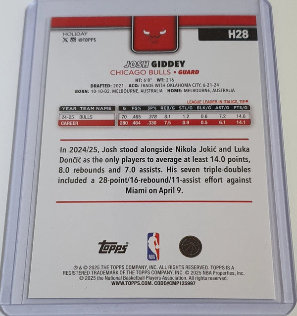 2025 Topps Holiday Josh Giddey #H28 GREEN PLAID (Bulls) - Ready to Grade