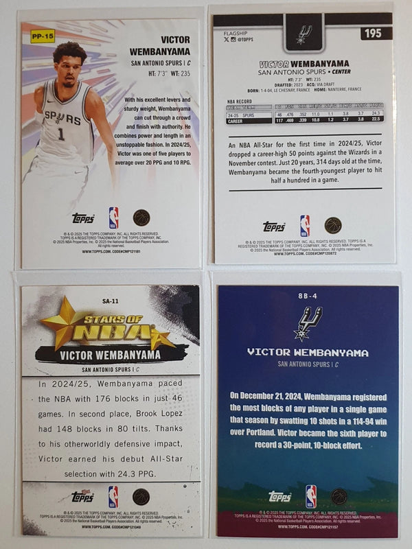 Lot of 4 x 2025 Topps Basketball Victor Wembanyama #8B4 #195 #PP15 #SA11 - Rare
