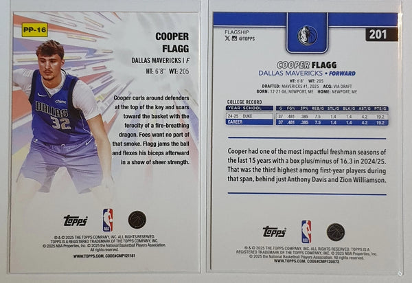2025 Topps Cooper Flagg Lot of 2x Rookie #201 #PP-16 RC - Ready to Grade