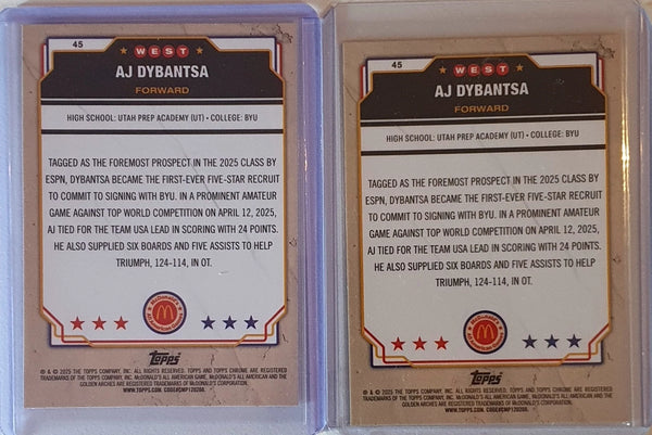 2025 Topps Chrome McDonald's AJ Dybantsa Lot of 2 x RC Rookie Raywave Refractor