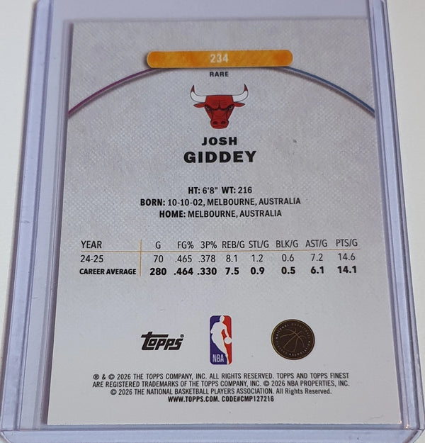 2025 Topps Finest Basketball Josh Giddey #234 RARE (Bulls) - Ready to Grade
