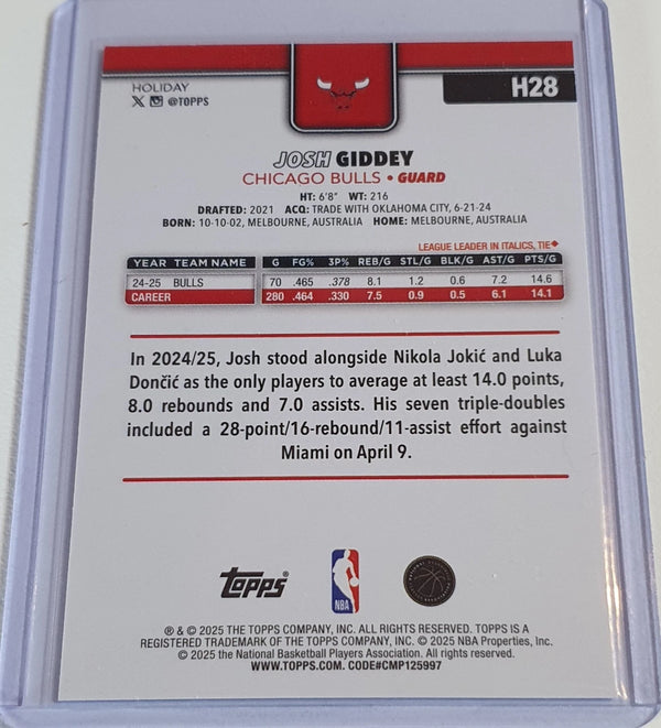 2025 Topps Holiday Josh Giddey #H28 LIGHT BLUE GLITTER Holo (Bulls) - Rare