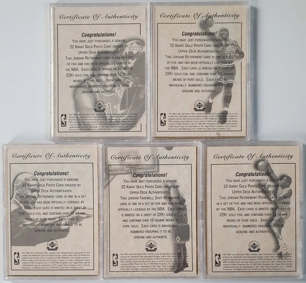 1999 Upper Deck Michael Jordan 22K GOLD (Set of 5 Cards w/ COA) - Good Condition