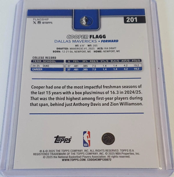 2025 Topps Basketball Cooper Flagg Rookie #201 RC - Ready to Grade