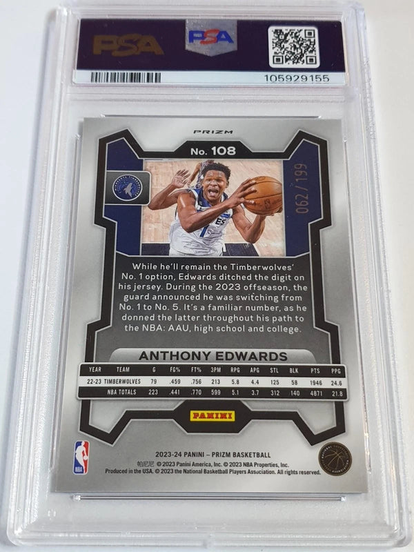 2023 Panini Prizm Anthony Edwards #108 BLUE /199 Holo - PSA 9 (POP 24)
