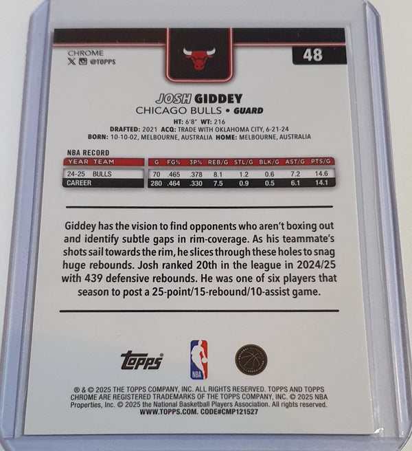 2025 Topps Chrome Josh Giddey #48 PULSAR PURPLE /75 Refractor (Bulls) - Rare