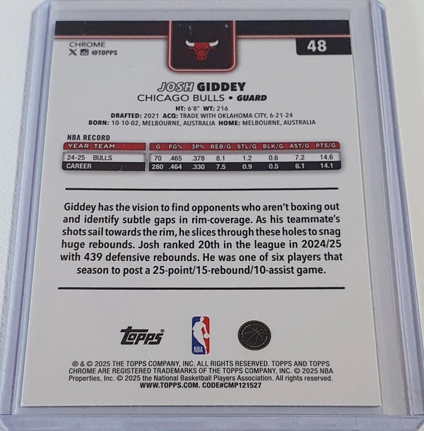 2025 Topps Chrome Josh Giddey #48 YELLOW BASKETBALL /275 Holo (Bulls) - Rare