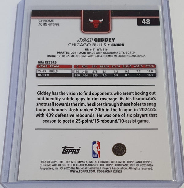 2025 Topps Chrome Josh Giddey #48 RAYWAVE GREEN /99 Refractor (Bulls) - Rare