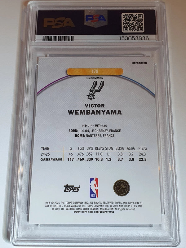 2025 Topps Finest Victor Wembanyama #179 REFRACTOR Uncommon - PSA 9 (POP 6)