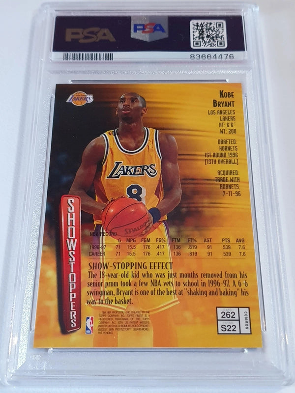 1997 Topps Finest Kobe Bryant #262 w/ Coating Showstoppers - PSA 8